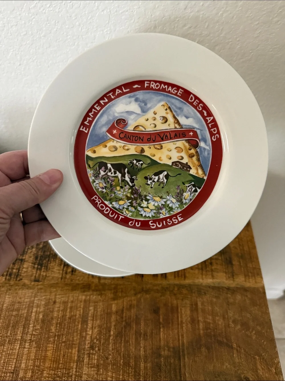 White Ceramic Cheese-Themed bread Plate duo- Red & Blue Accents